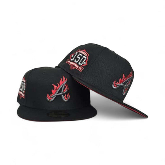 Black Fire Flame Atlanta Braves Red Bottom 150th Anniversary Side Patch New Era 59Fifty Fitted