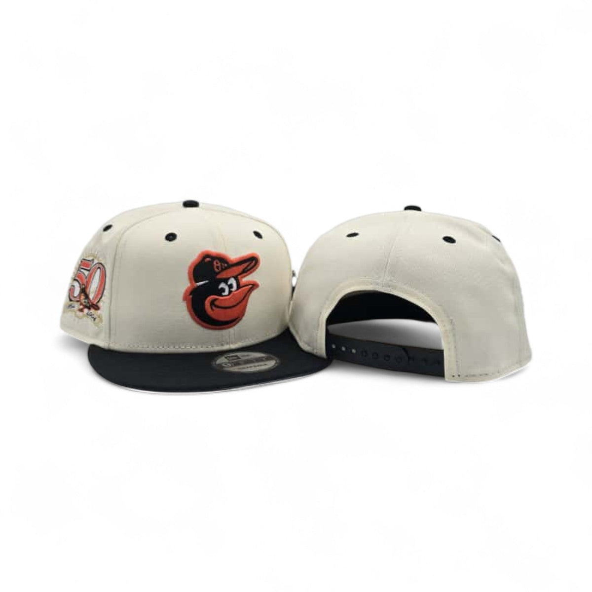Off White Baltimore Orioles Black Visor Gray Bottom 50th Anniversary Side Patch New Era Mascot Pin 9Fifty Snapback