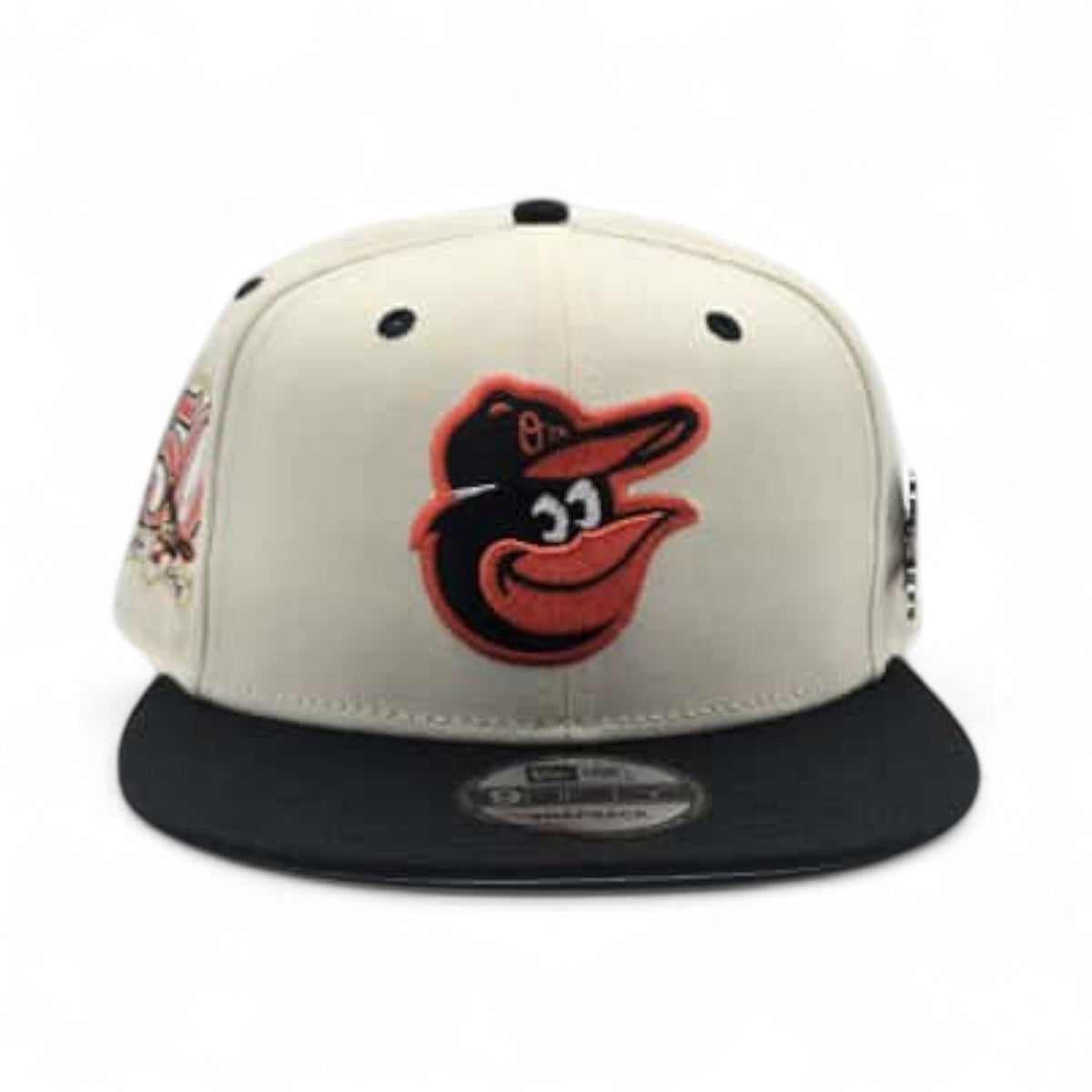 Off White Baltimore Orioles Black Visor Gray Bottom 50th Anniversary Side Patch New Era Mascot Pin 9Fifty Snapback