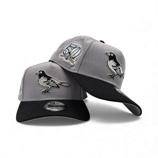 Gray Baltimore Orioles Black Curved Brim Gray Bottom 50th Anniversary Side Patch New Era A-Frame 9Forty Snapback