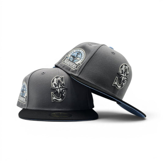 Storm Gray Seattle Mariners Cow Print Logo Black Visor Icy Blue Bottom 30th Anniversary Side Patch New Era 59Fifty Fitted