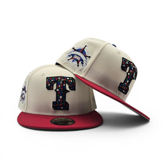Off White Texas Rangers Mosaic Logo Red Visor Gray Bottom 1995 All Star Game Side Patch New Era 59Fifty Fitted