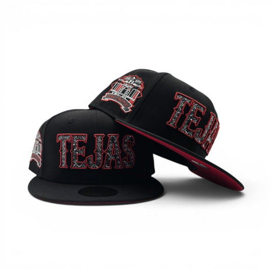 Black Texas Rangers "Tejas" Paisley Logo Red Bottom 1994-2019 Final Season Side Patch New Era 59Fifty Fitted