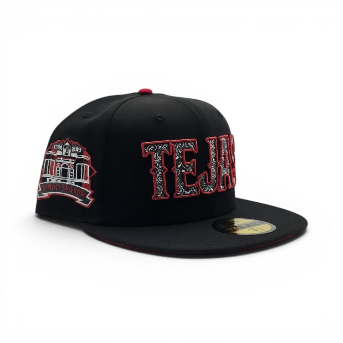 Black Texas Rangers "Tejas" Paisley Logo Red Bottom 1994-2019 Final Season Side Patch New Era 59Fifty Fitted