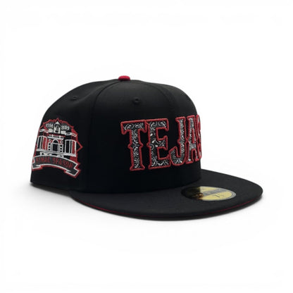 Black Texas Rangers "Tejas" Paisley Logo Red Bottom 1994-2019 Final Season Side Patch New Era 59Fifty Fitted