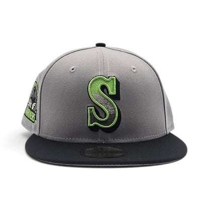 Gray Seattle Mariners Neon Green Logo Black Visor Gray Bottom 30th Anniversary Side Patch New Era 59Fifty Fitted