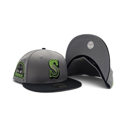 Gray Seattle Mariners Neon Green Logo Black Visor Gray Bottom 30th Anniversary Side Patch New Era 59Fifty Fitted