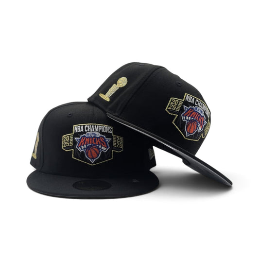 Black 2025-2026 New York Knicks Champions Gray Bottom Trophy Side Patch New Era 59Fifty Fitted