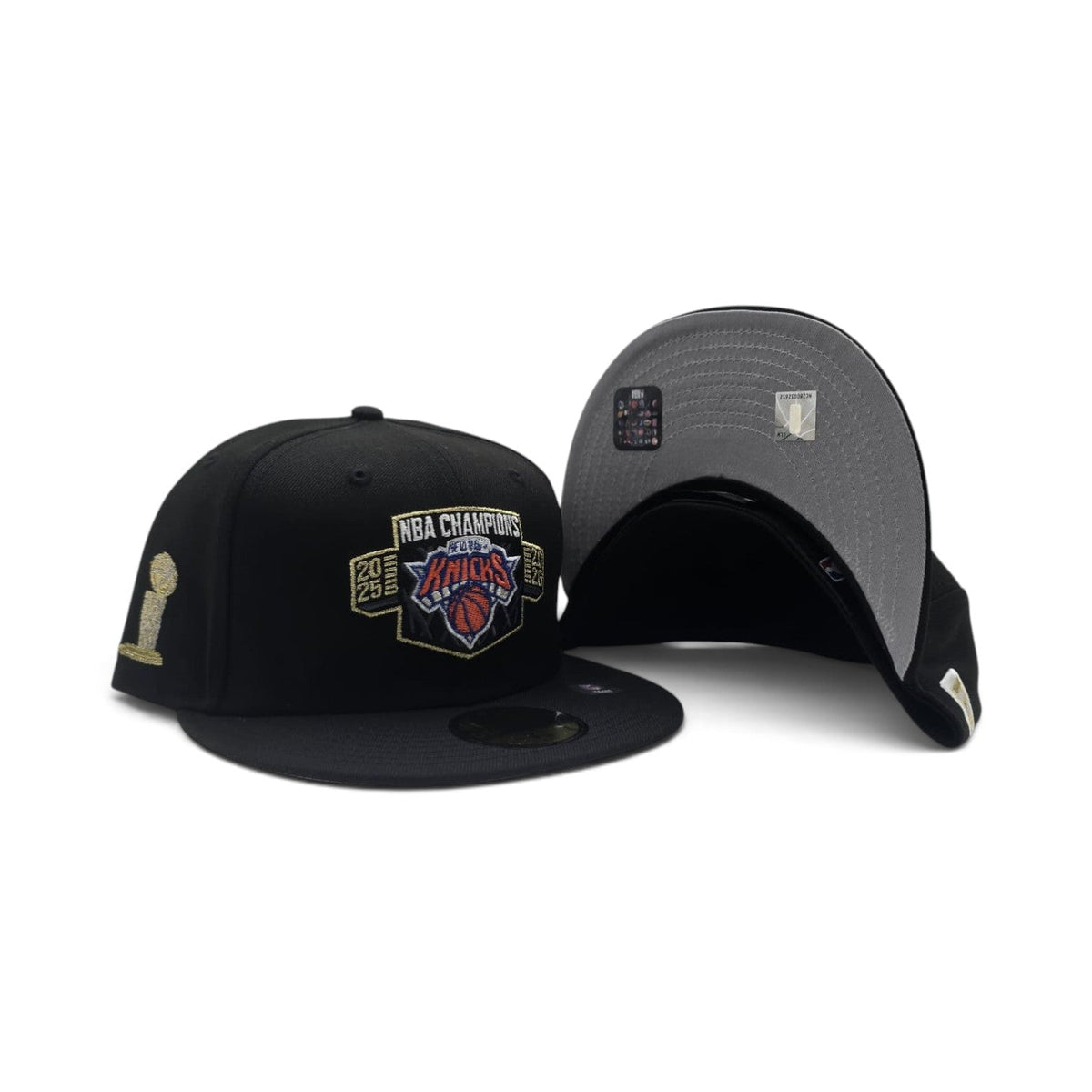Black 2025-2026 New York Knicks Champions Gray Bottom Trophy Side Patch New Era 59Fifty Fitted