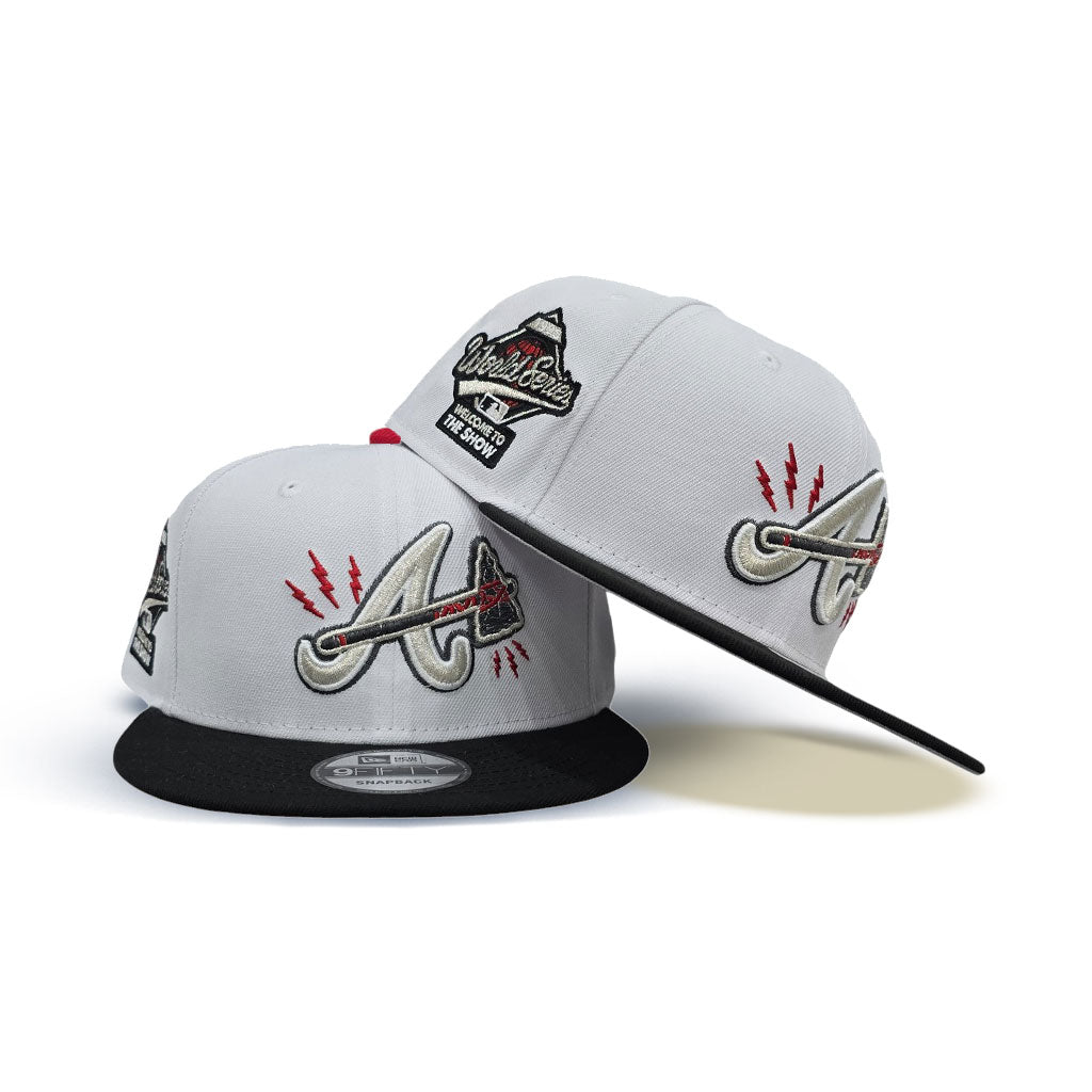White Atlanta Braves Lighting Logo Black Visor Gray Bottom 1995 World Series Welcome To The Show Side Patch New Era 9Fifty Snapback