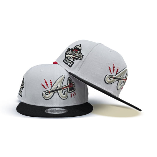 White Atlanta Braves Lighting Logo Black Visor Gray Bottom 1995 World Series Welcome To The Show Side Patch New Era 9Fifty Snapback