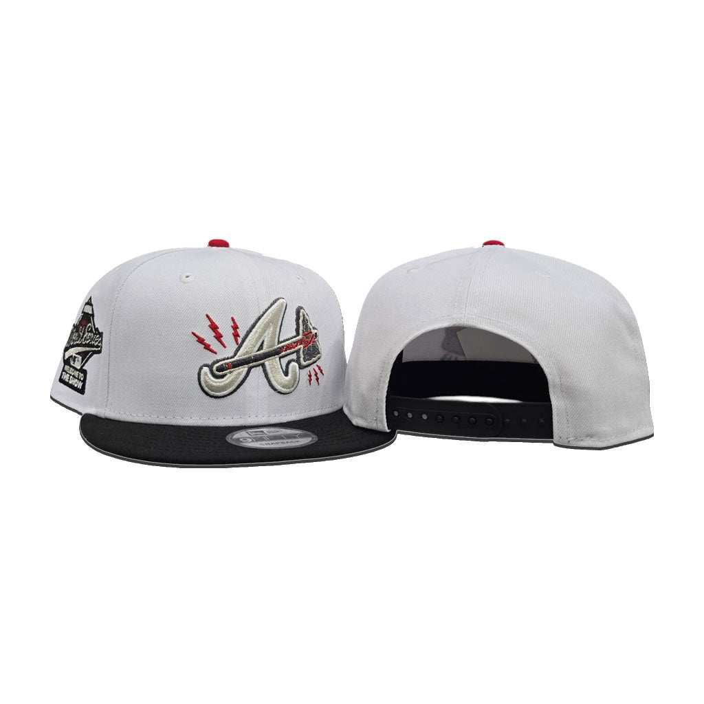 White Atlanta Braves Lighting Logo Black Visor Gray Bottom 1995 World Series Welcome To The Show Side Patch New Era 9Fifty Snapback