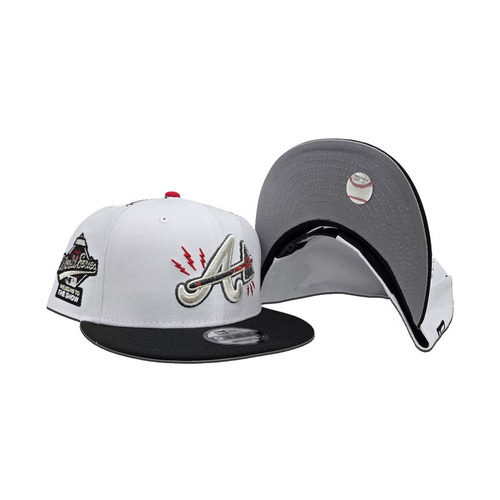 White Atlanta Braves Lighting Logo Black Visor Gray Bottom 1995 World Series Welcome To The Show Side Patch New Era 9Fifty Snapback