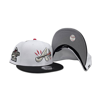 White Atlanta Braves Lighting Logo Black Visor Gray Bottom 1995 World Series Welcome To The Show Side Patch New Era 9Fifty Snapback