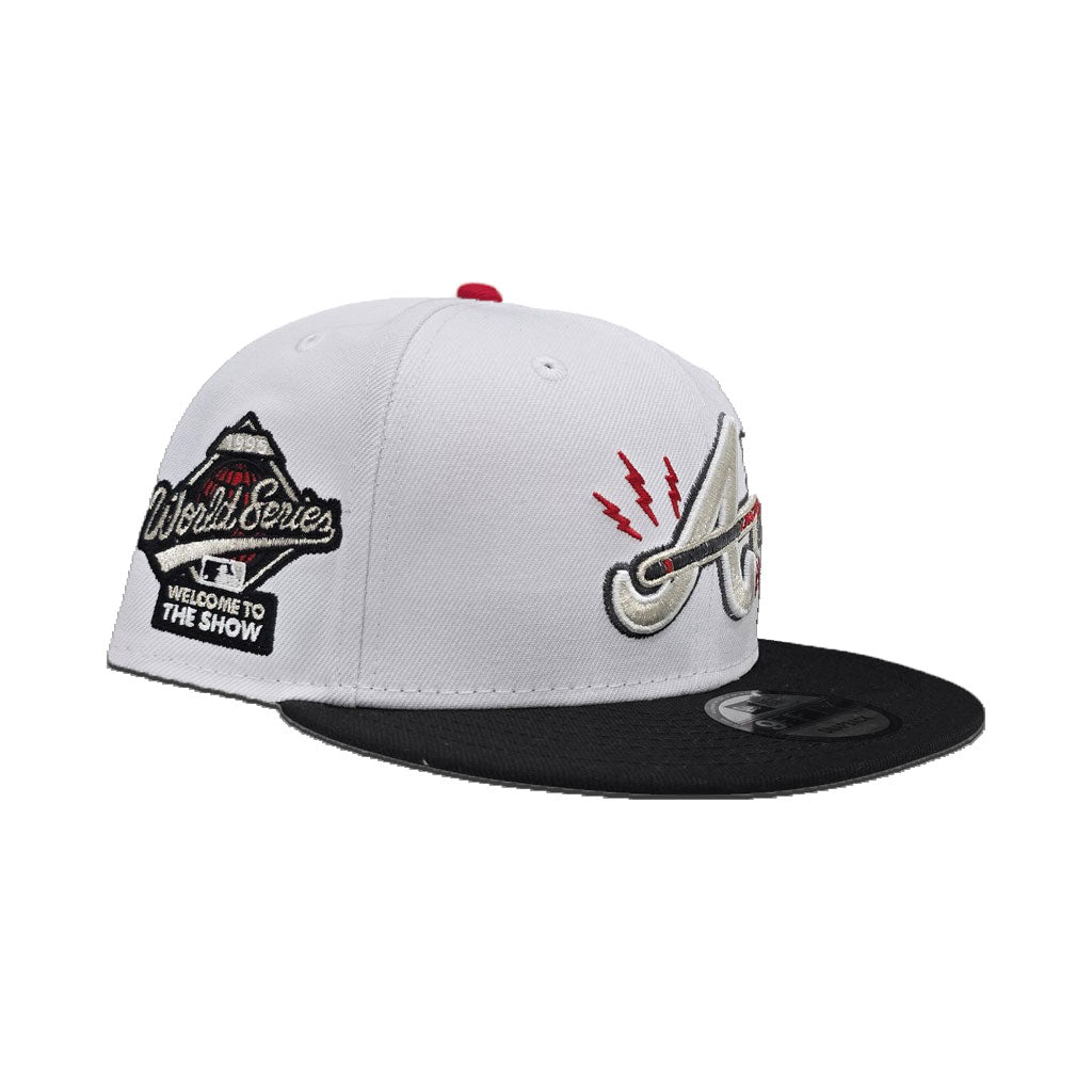 White Atlanta Braves Lighting Logo Black Visor Gray Bottom 1995 World Series Welcome To The Show Side Patch New Era 9Fifty Snapback