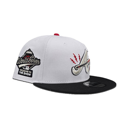 White Atlanta Braves Lighting Logo Black Visor Gray Bottom 1995 World Series Welcome To The Show Side Patch New Era 9Fifty Snapback