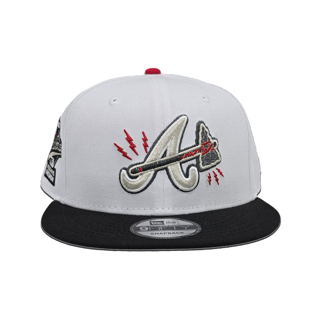 White Atlanta Braves Lighting Logo Black Visor Gray Bottom 1995 World Series Welcome To The Show Side Patch New Era 9Fifty Snapback