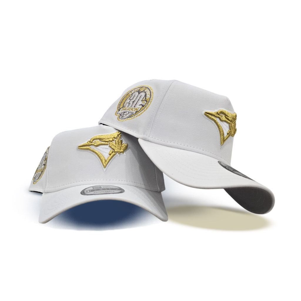 White Toronto Blue Jays Gold Logo Curved Brim Gray Bottom 30th Season Side Patch New Era A-Frame 9Forty Snapback