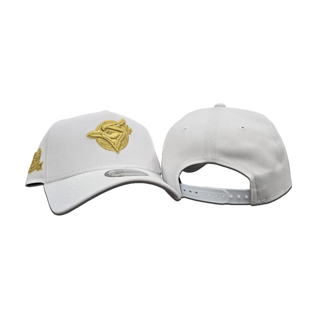 White Toronto Blue Jays Gold Logo Curved Brim Gray Bottom 10th Season Side Patch New Era 9Forty A-Frame Snapback