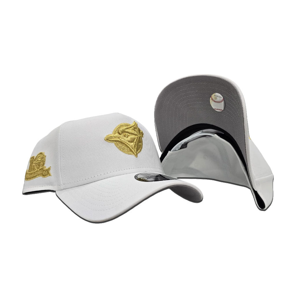 White Toronto Blue Jays Gold Logo Curved Brim Gray Bottom 10th Season Side Patch New Era 9Forty A-Frame Snapback