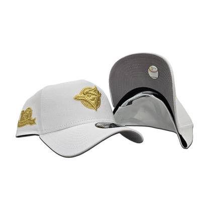 White Toronto Blue Jays Gold Logo Curved Brim Gray Bottom 10th Season Side Patch New Era 9Forty A-Frame Snapback