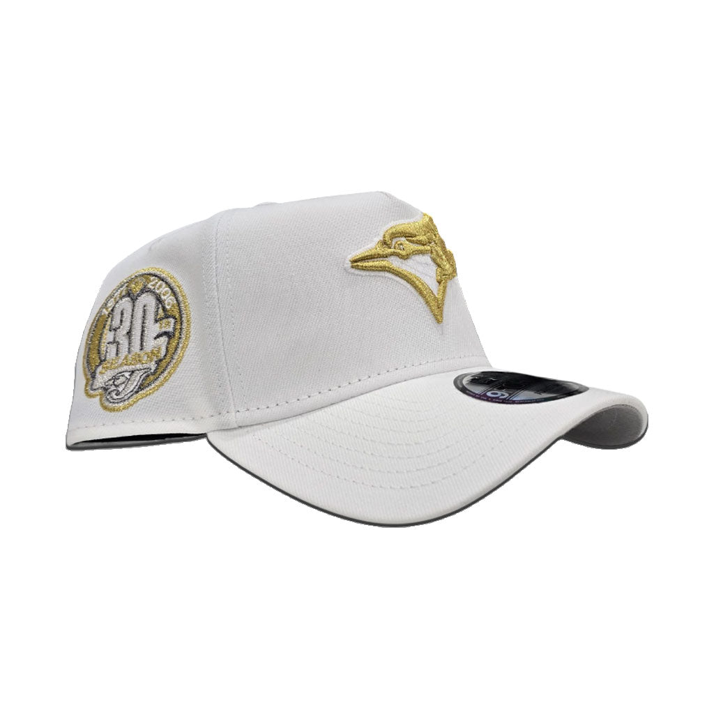 White Toronto Blue Jays Gold Logo Curved Brim Gray Bottom 30th Season Side Patch New Era A-Frame 9Forty Snapback