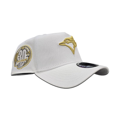 White Toronto Blue Jays Gold Logo Curved Brim Gray Bottom 30th Season Side Patch New Era A-Frame 9Forty Snapback