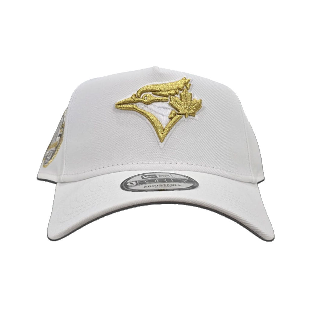 White Toronto Blue Jays Gold Logo Curved Brim Gray Bottom 30th Season Side Patch New Era A-Frame 9Forty Snapback
