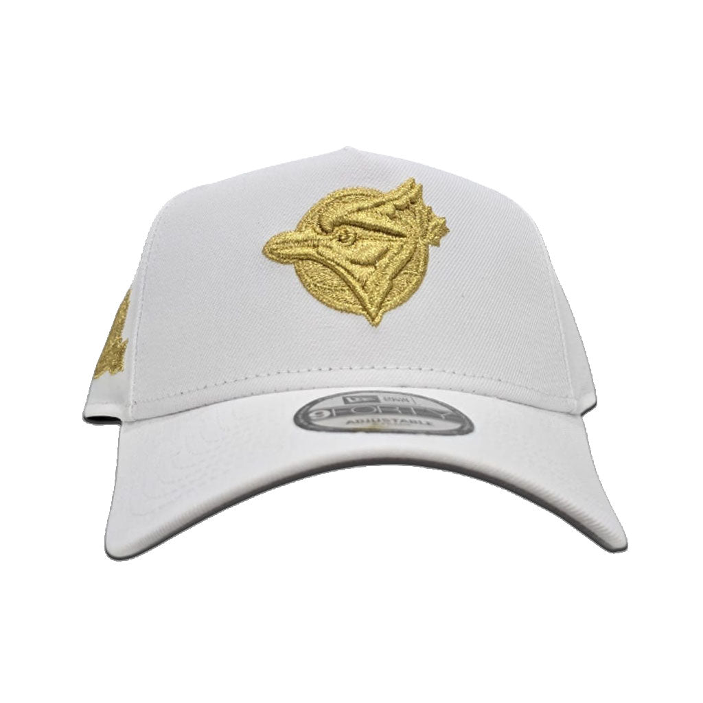 White Toronto Blue Jays Gold Logo Curved Brim Gray Bottom 10th Season Side Patch New Era 9Forty A-Frame Snapback