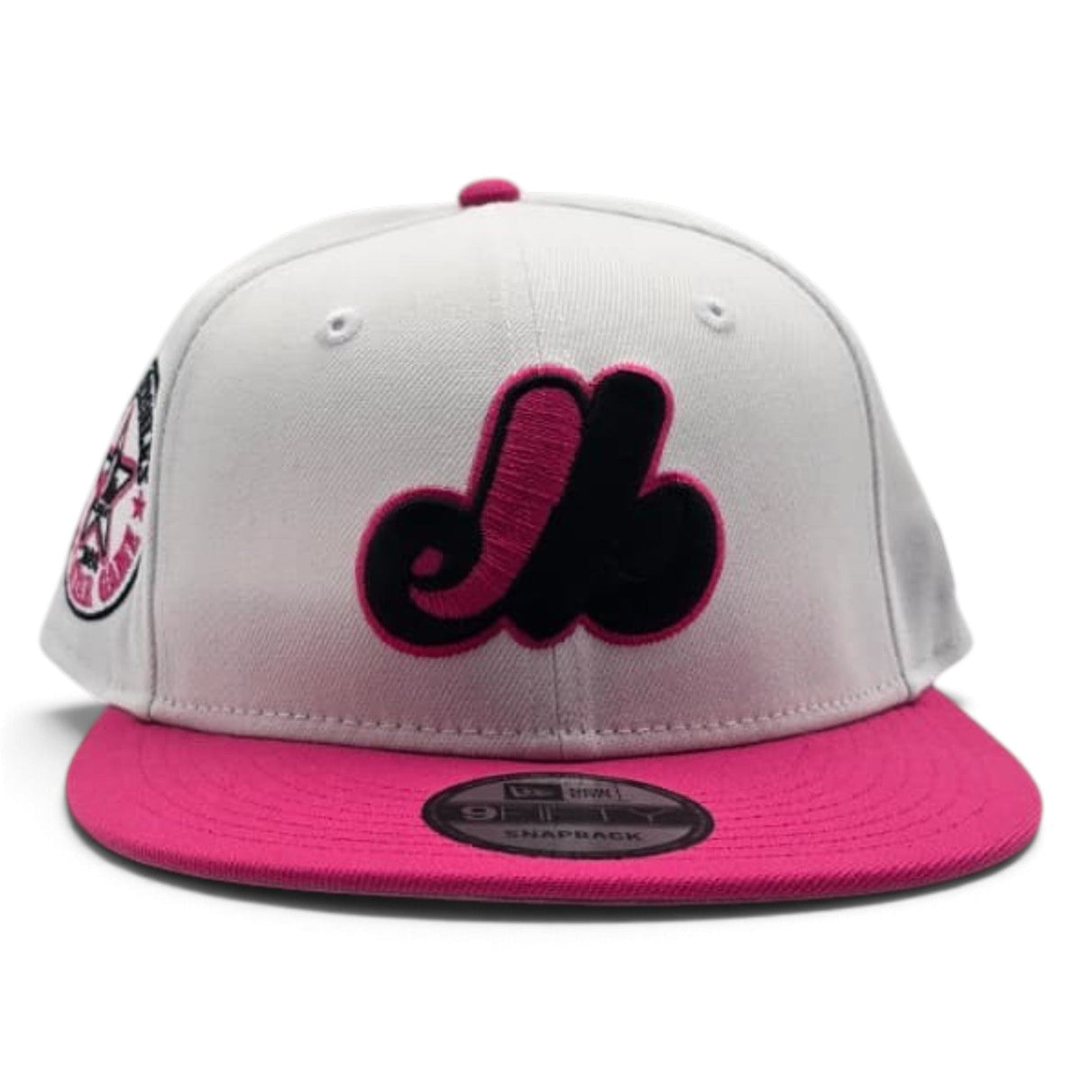 White Montreal Expos Bright Rose Pink Visor Gray Bottom 1982 All Star Game Side Patch 9Fifty New Era Snapback