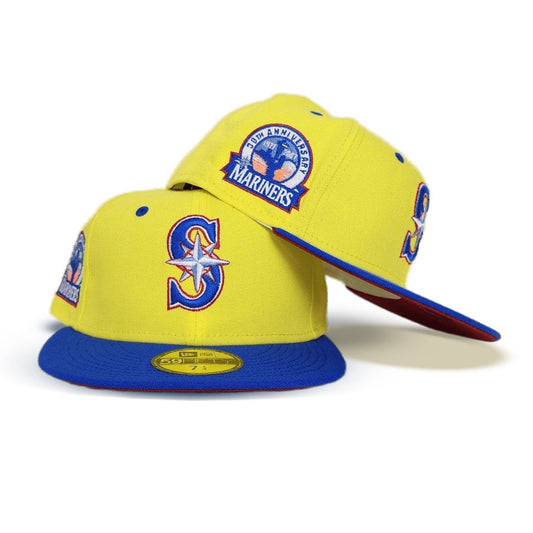 Yellow Seattle Mariners Royal Blue Visor Red Bottom 30th Anniversary Side Patch New Era 59Fifty Fitted