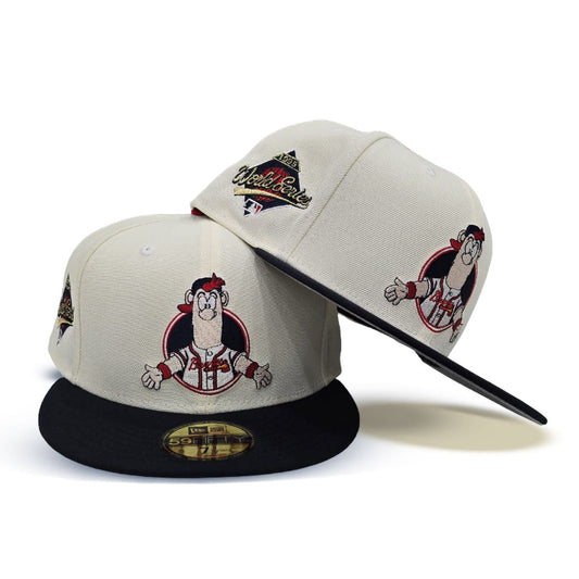 Off White Mascot Atlanta Braves Navy Blue Visor Gray Bottom 1995 World Series Patch New Era 59Fifty Fitted