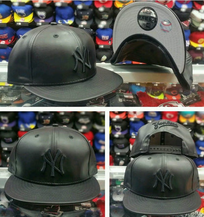 New Era 9Fifty NEW YORK YANKEES BLACK on BLACK LEATHER Snap back MLB Hat Cap PU