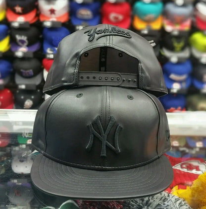 New Era 9Fifty NEW YORK YANKEES BLACK on BLACK LEATHER Snap back MLB Hat Cap PU